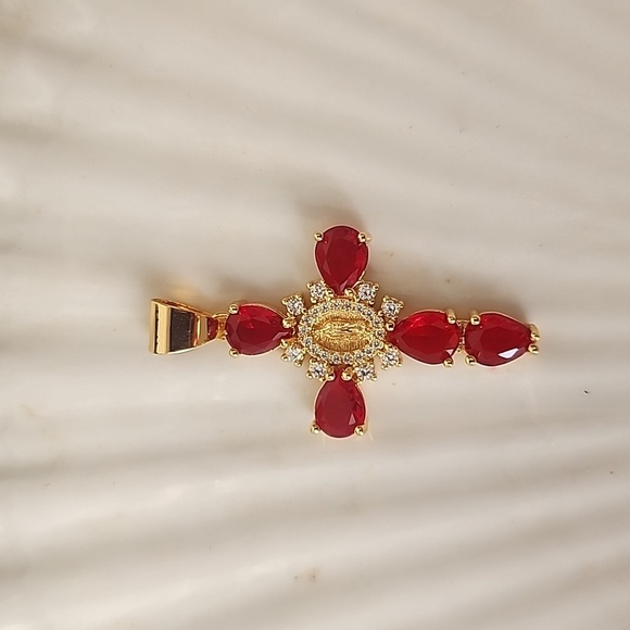 Gold Steel Cross Pendant Crystal Simulated Red Ruby Stones and Virgin Ma… - Picture 1 of 8